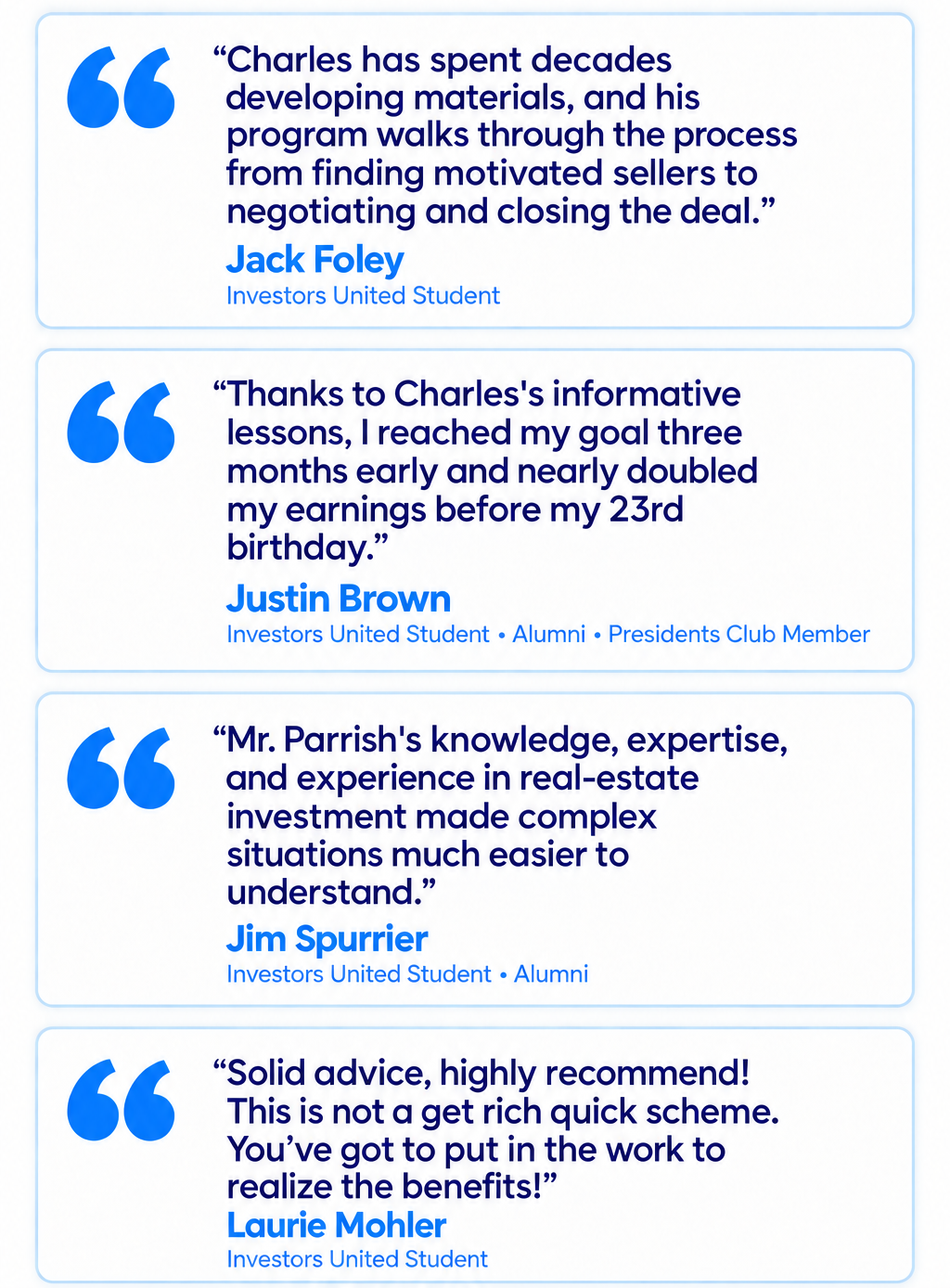Charles Parrish Real Estate Testimonials Four testimonials from Investors United students and clients describing Charles Parrish’s real estate guidance and education.
